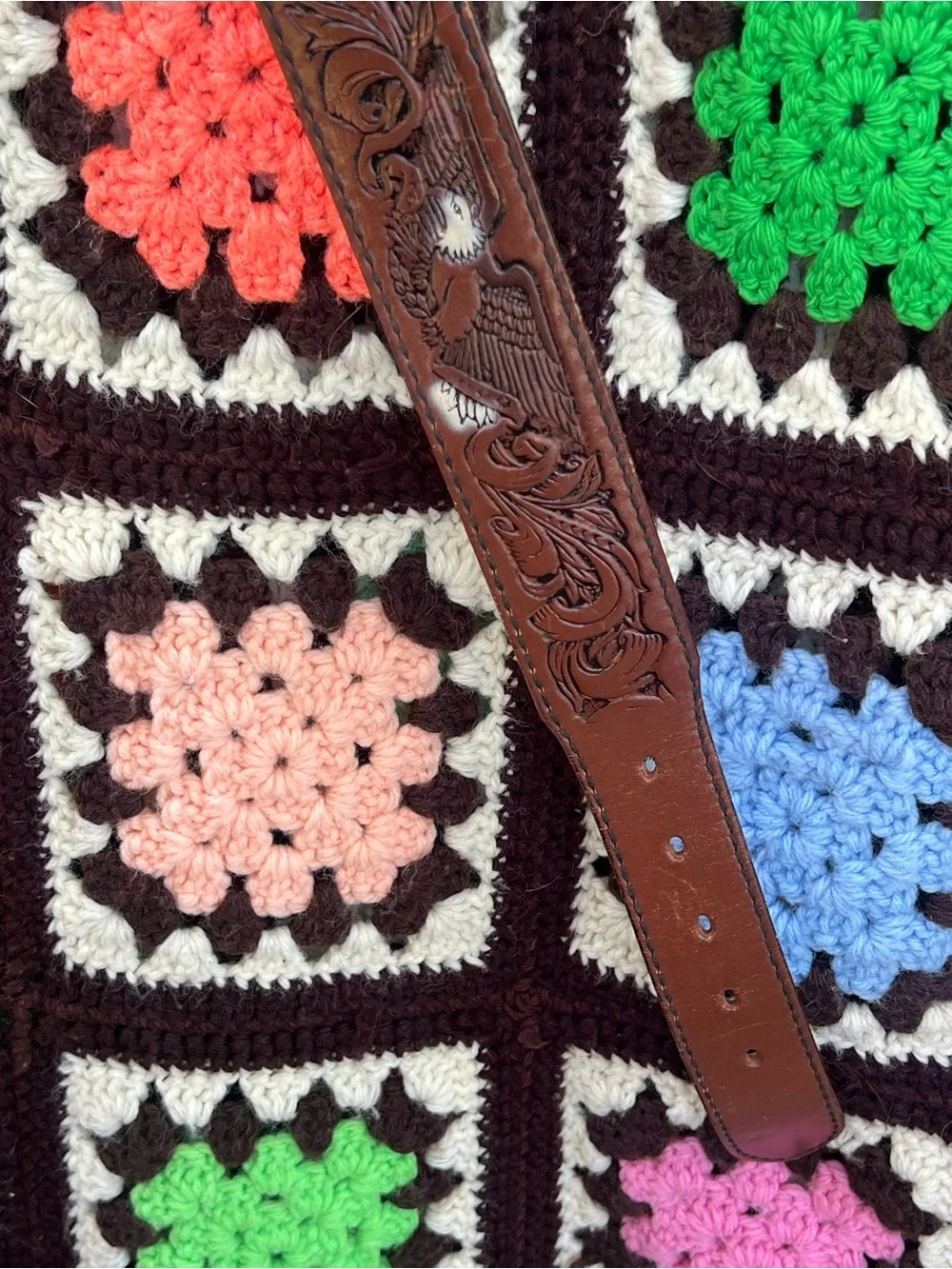 Vintage Eagle Embossed Leather Belt Strap Size 36 Brown Western USA No Buckle